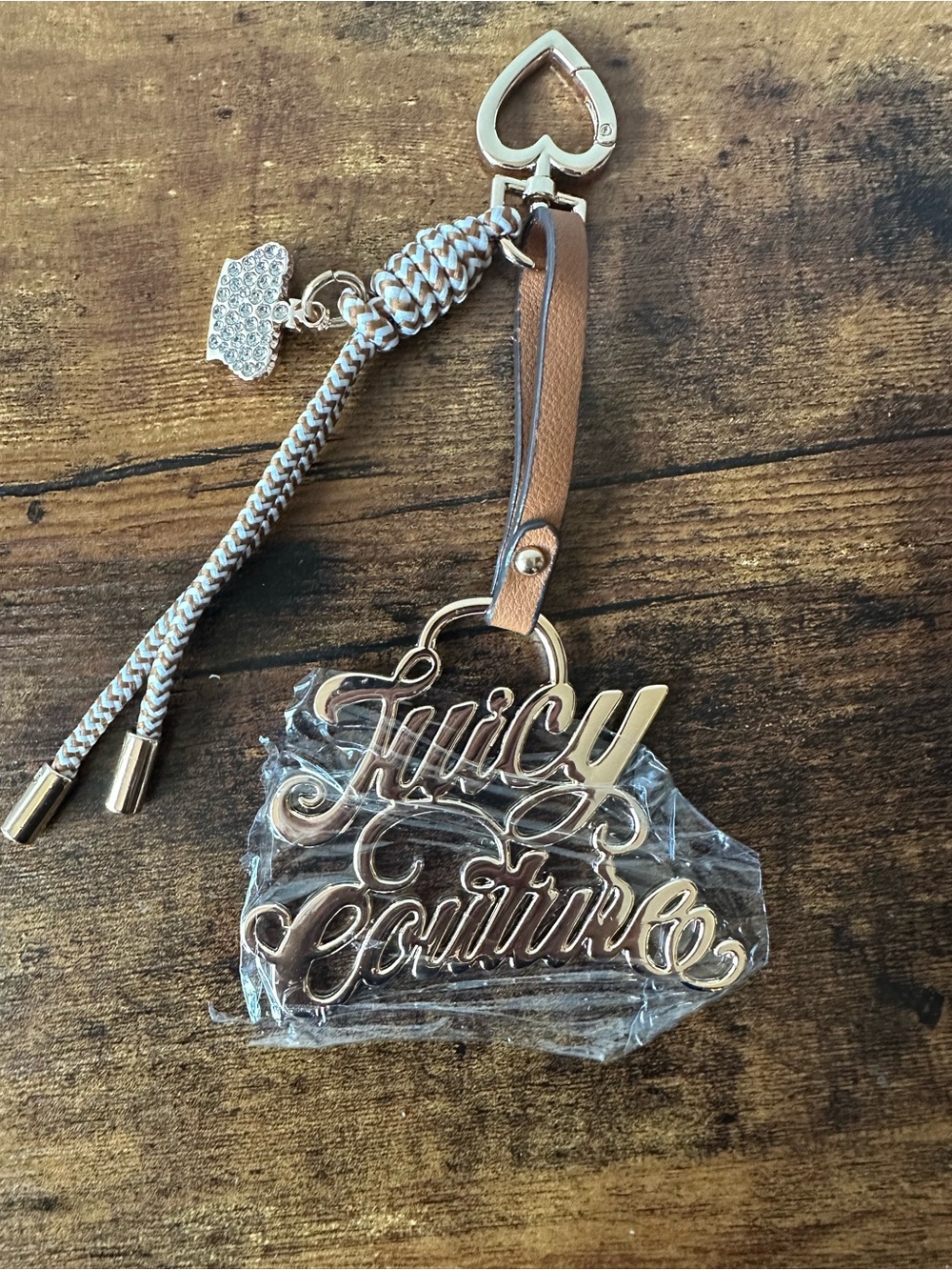 Juicy Couture XL Gold & Brown Bag Charm Keychain w Gold Logo, Crown, Tassel NWOT